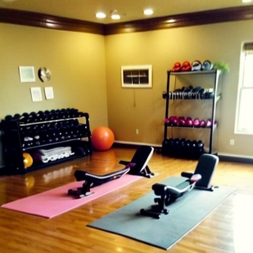 Домашний спортзал с оборудованием: гантели, йога-мат и велотренажер, аккуратно хранящиеся аксессуары, мотивационный постер и зелень.