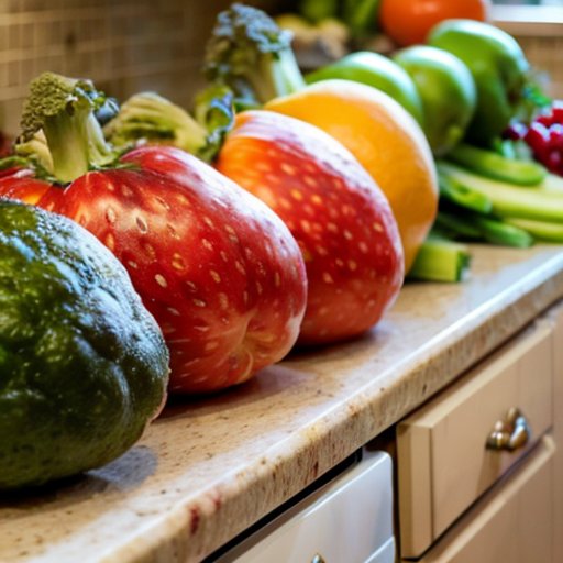 Здоровая кухня с яркими фруктами и овощами.