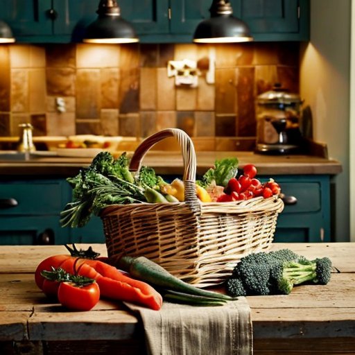 Сельский кухонный стол с консервированными продуктами, свежими овощами и блокнотом для планирования питания. Тёплый свет, атмосфера надежды и устойчивости.