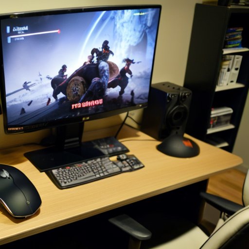 Игровая установка с монитором, клавиатурой, мышью, эргономичным креслом и аксессуарами, окруженная трофеями и стратегическими руководствами.