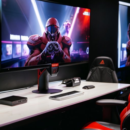 Современный игровой сетап с монитором, механической клавиатурой и освещением RGB, эргономичным креслом и постерами.