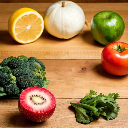 Спокойная кухня с яркими здоровыми продуктами, бутылкой воды и блокнотом с упражнениями.