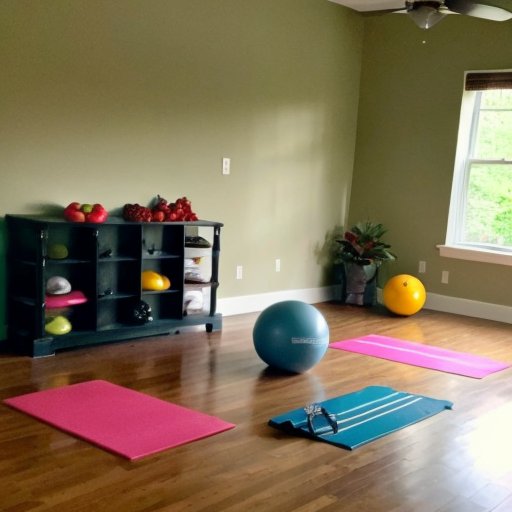 Яркое пространство для домашних тренировок с оборудованием, здоровыми закусками и часами в форме мозга.