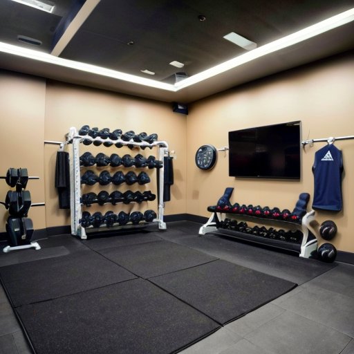 Организованный спортзал с разнообразной спортивной одеждой и инвентарем.