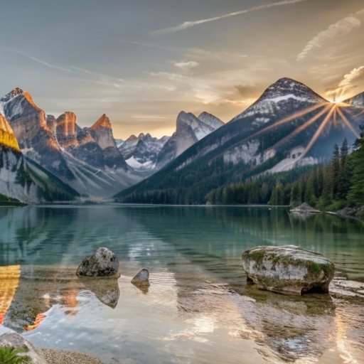 Спокойный природный пейзаж с озером, зелеными деревьями и горами на заднем плане.