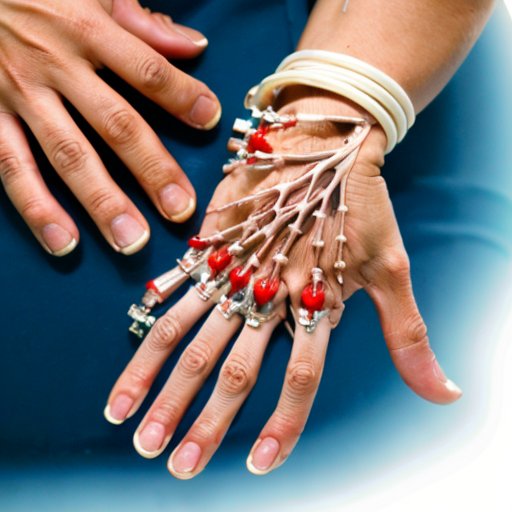 Анатомическая диаграмма человеческой руки с обозначением костей, мышц и сухожилий.