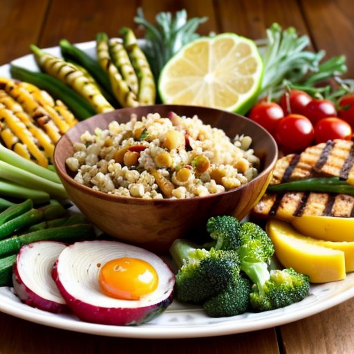 Уютный стол с здоровой едой и часами, подчеркивающими время ужина.