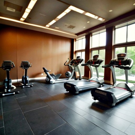 Современный фитнес-зал с тренажерами и ярким освещением.