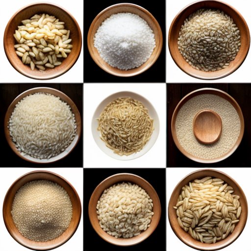 Разнообразие риса в мисках с питательными ярлыками на фоне.