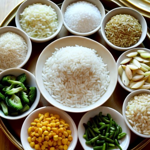 Разнообразие риса в прозрачных контейнерах с овощами и зеленью на светлом фоне.