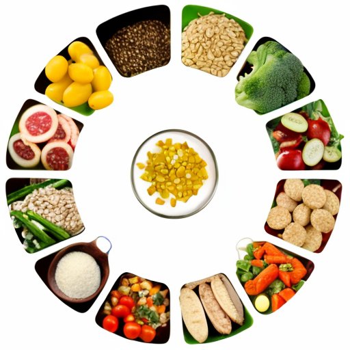 Сбалансированная тарелка с продуктами: злаки, белки, овощи и полезные жиры. Элементы для подсчета калорий.