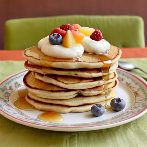 Цветная стопка блинов с фруктами и медом, йогурт и таблица калорийности на фоне.