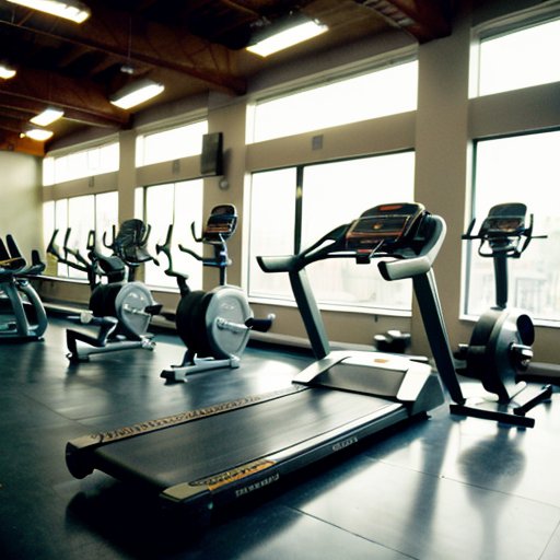 Разделенное тренировочное пространство: яркая зона кардио с велотренажерами и беговыми дорожками и мощная зона силовых тренировок с гантелями и тренажерами.