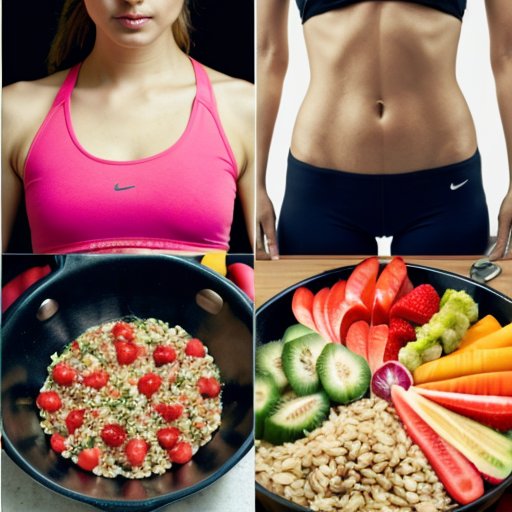 Сцена, разделенная на две части: яркая кардио-тренировка с оборудованием и спокойный стол с полезной пищей, символизирующий связь между диетой и физической активностью для похудения.
