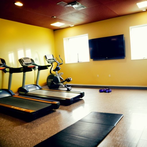 Яркая спортивная зала с кардиотренажерами и мотивационными постерами.