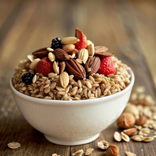 Яркая чаша с разнообразными злаками и свежими фруктами на деревянном столе.