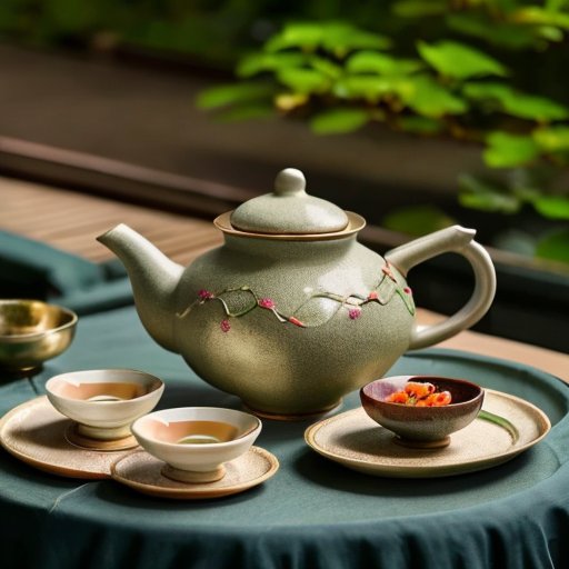 Чайная церемония в китайском стиле с яркими овощами и травами на фоне природы.
