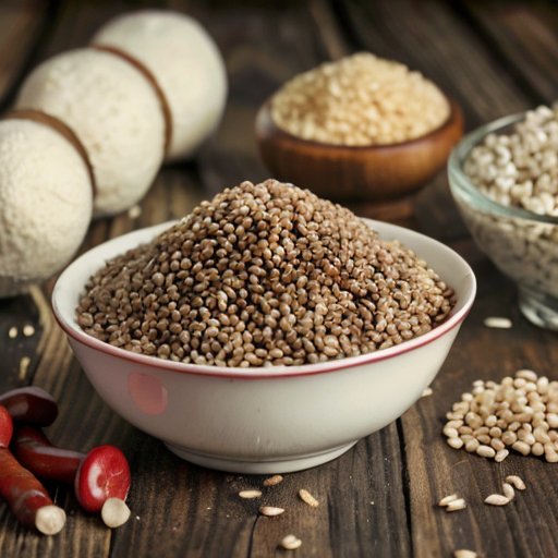 Чаша гречки с медицинскими символами на фоне кухни.