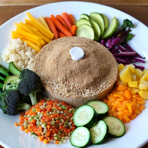 Яркая тарелка с овощами, цельнозерновыми продуктами и постным белком, символизирующая здоровое питание и путь к снижению веса.