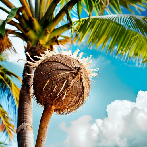 Кокосовая пальма с кокосами, окруженная свежими кокосовыми продуктами на фоне тропического пляжа.