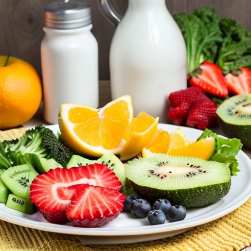 Здоровая тарелка с овощами, белками и фруктами, рядом с бутылкой воды, на фоне йога-мат и гантелей.