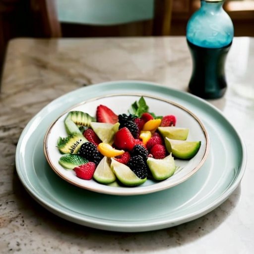 Сбалансированное питание: тарелка с фруктами, овощами, белками и злаками, рядом бутылка с водой и блокнот с ручкой, на фоне спортивное оборудование.