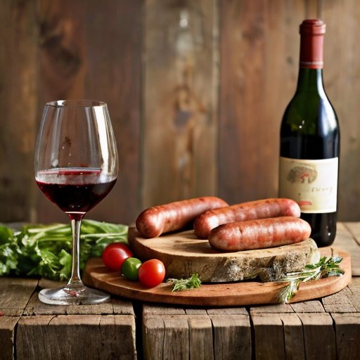 Деревянный стол с колбасами из конины, свежими травами, овощами и бокалом красного вина на фоне сельского пейзажа.