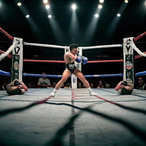 Пустой боксерский ринг под яркими огнями, освещенный центр, следы недавних боев, размытая толпа на фоне.