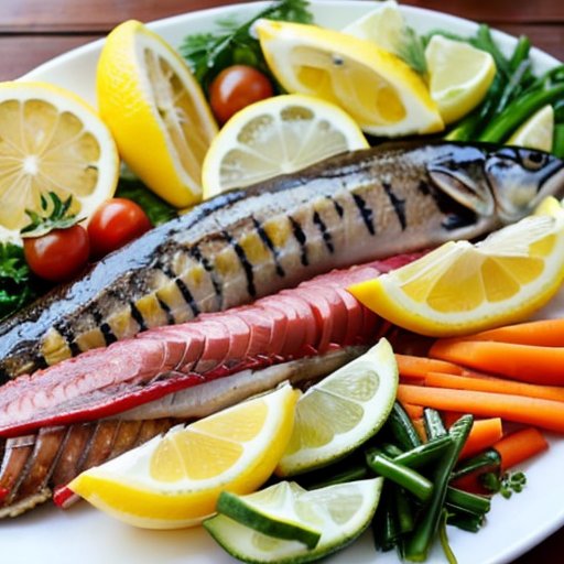 Плато с консервированной сардиной, украшенное зеленью, лимоном и овощами, на фоне мотивов разных кухонь мира.