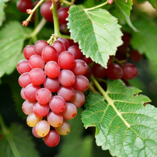 Яркие красные виноградины с семенами, окруженные свежими зелеными листьями, символизирующие здоровье.