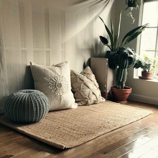 Спокойное пространство для медитации с йога-матом, подушками, алтарем и растением.