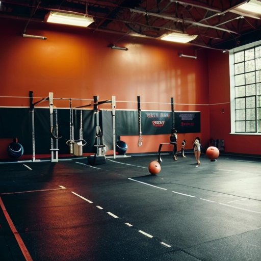 Современный тренажерный зал с кроссфит-оборудованием, ярким освещением и мотивирующими графиками на стенах.