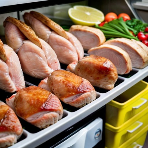 Яркая витрина с куриными и индюшиными грудками, с информацией о питательных веществах, весами и мерным стаканом, рецептами здорового приготовления на фоне современной кухни.