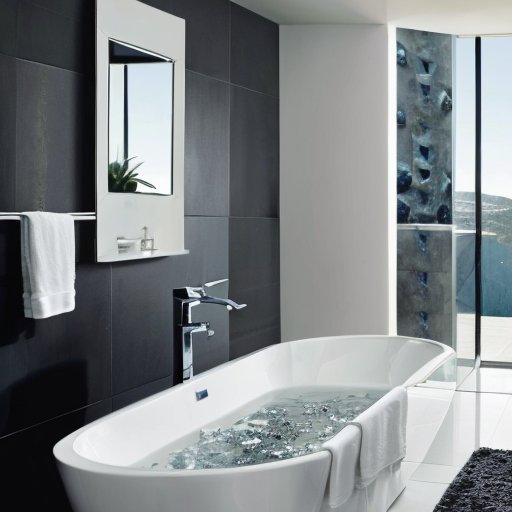 Современная ванная комната с душем, холодной водой, минималистичным декором и символами восстановления.