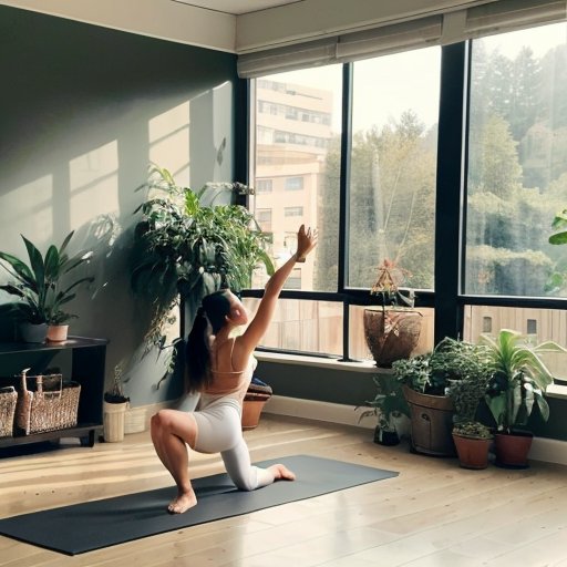 Спокойное помещение для упражнений по лимфодренажу с йога-матом, резиновыми лентами и солнечным светом.