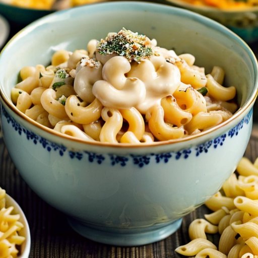 Тарелка макарон с сыром, окруженная овощами и специями.