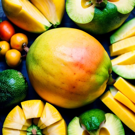 Сочная манго, окруженная яркими фруктами и овощами, символизирующая здоровое питание.