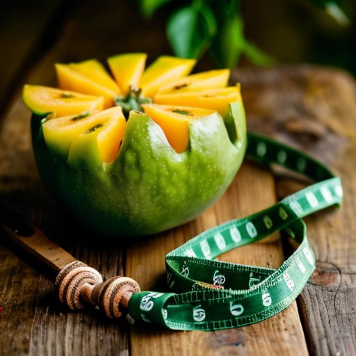 Спелый манго на деревянном столе с зелеными листьями и рулеткой.