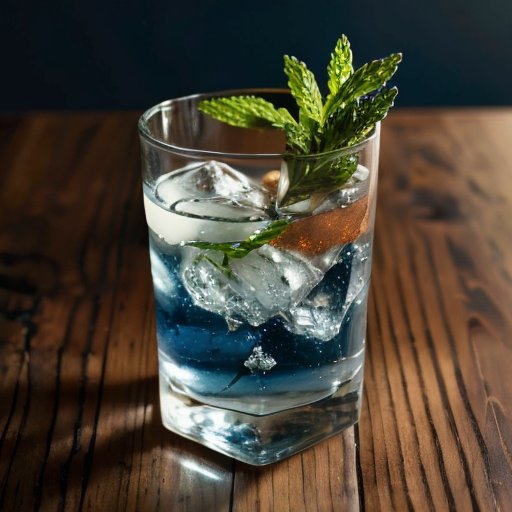 Стеклянный стакан с голубой медной водой на деревянном столе, окруженный свежими травами и медными принадлежностями.