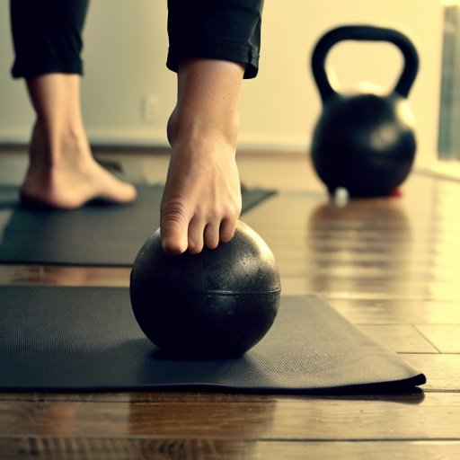 Минималистичный спортзал с йога-матом и гирями на деревянном полу, отражение в большом зеркале.