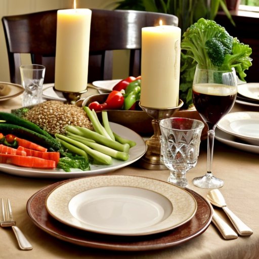 Ужин с полезной едой на столе и часами, показывающими 18:00.