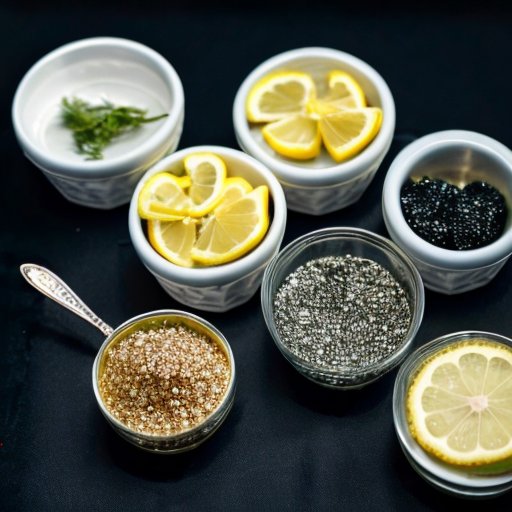 Роскошная выставка банок с икрой осетровых, окруженная гарнирами на темном бархате.