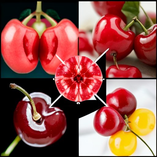 Вишневая косточка среди черных вишен на научном фоне с лабораторной колбой и блокнотом.