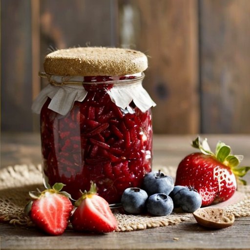 Деревянный стол с банками домашнего варенья, свежими фруктами и весами для порций.