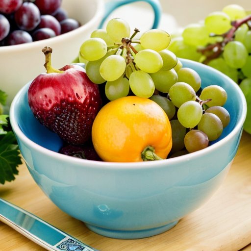 Яркая чаша с виноградом и кухонные принадлежности, символизирующие здоровый образ жизни.