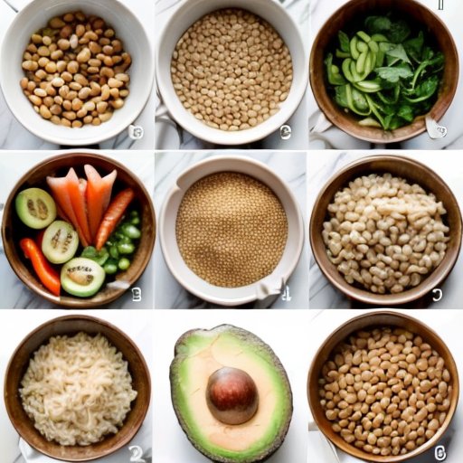 Сбалансированное питание: белки, здоровые жиры, углеводы и овощи на тарелке, с чашкой для измерения и приложением для подсчета калорий.