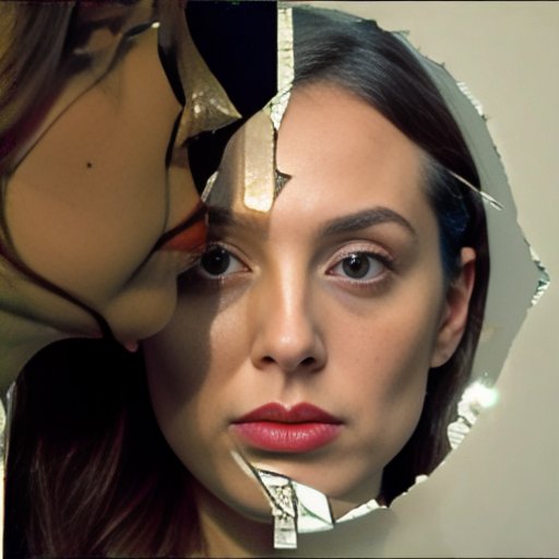 Искаженное отражение в треснутом зеркале, окруженное символами эмоционального стресса.