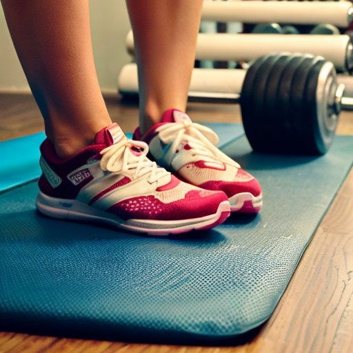 Спортивный зал с гантелями, бутылкой воды, йога-матом и здоровыми закусками на деревянном полу.