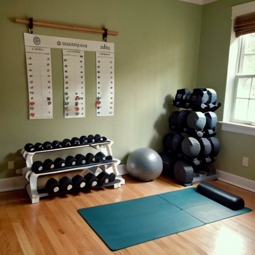 Простой и эффективный домашний спортзал с гантелями, йога-матом и планом питания на стене. Чистое, организованное пространство с естественным светом.