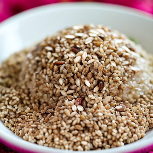 Яркая чаша с разнообразными злаками, окруженная свежими фруктами, орехами и семенами.